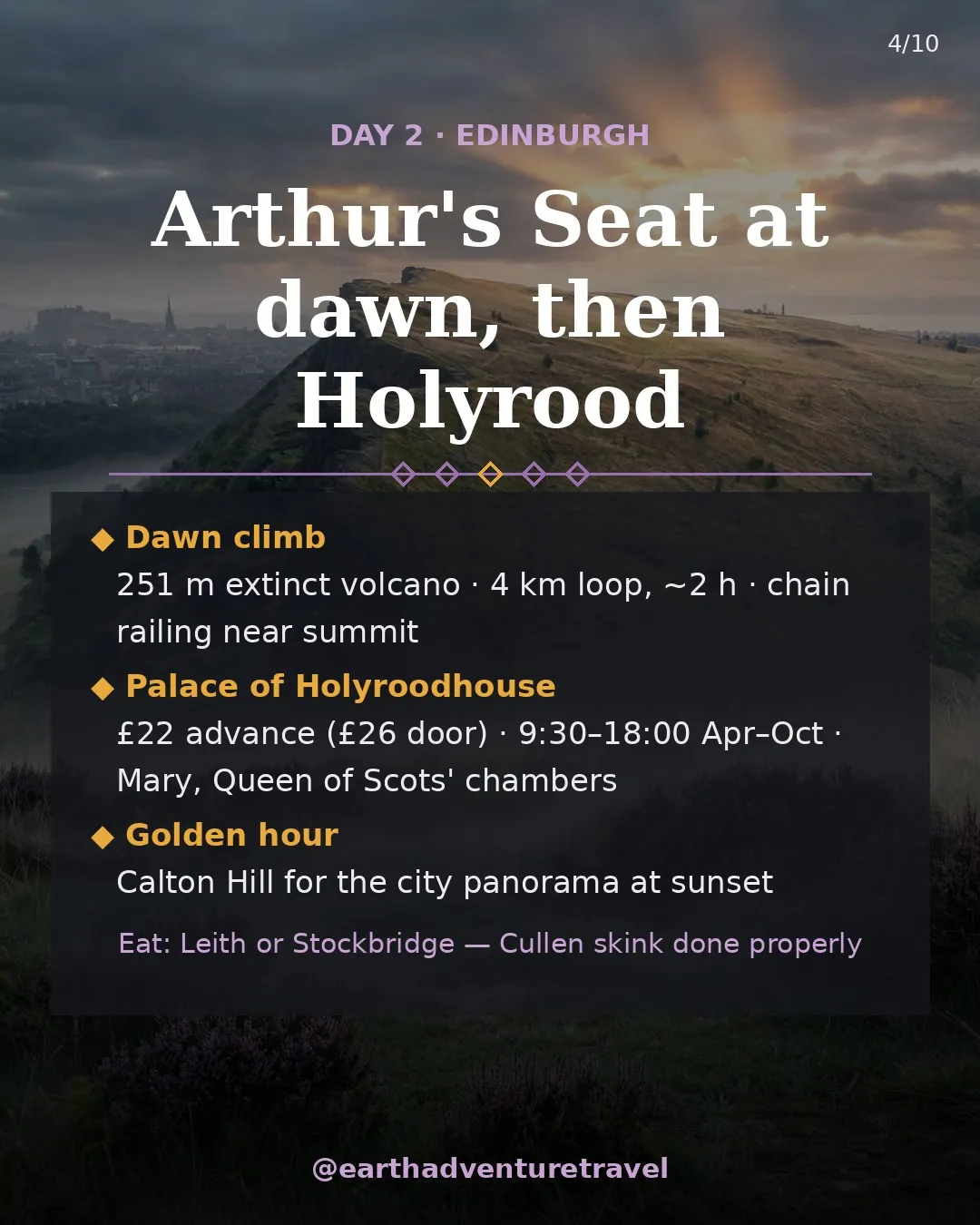Day 2 graphic: Arthur's Seat at dawn, then Holyrood
