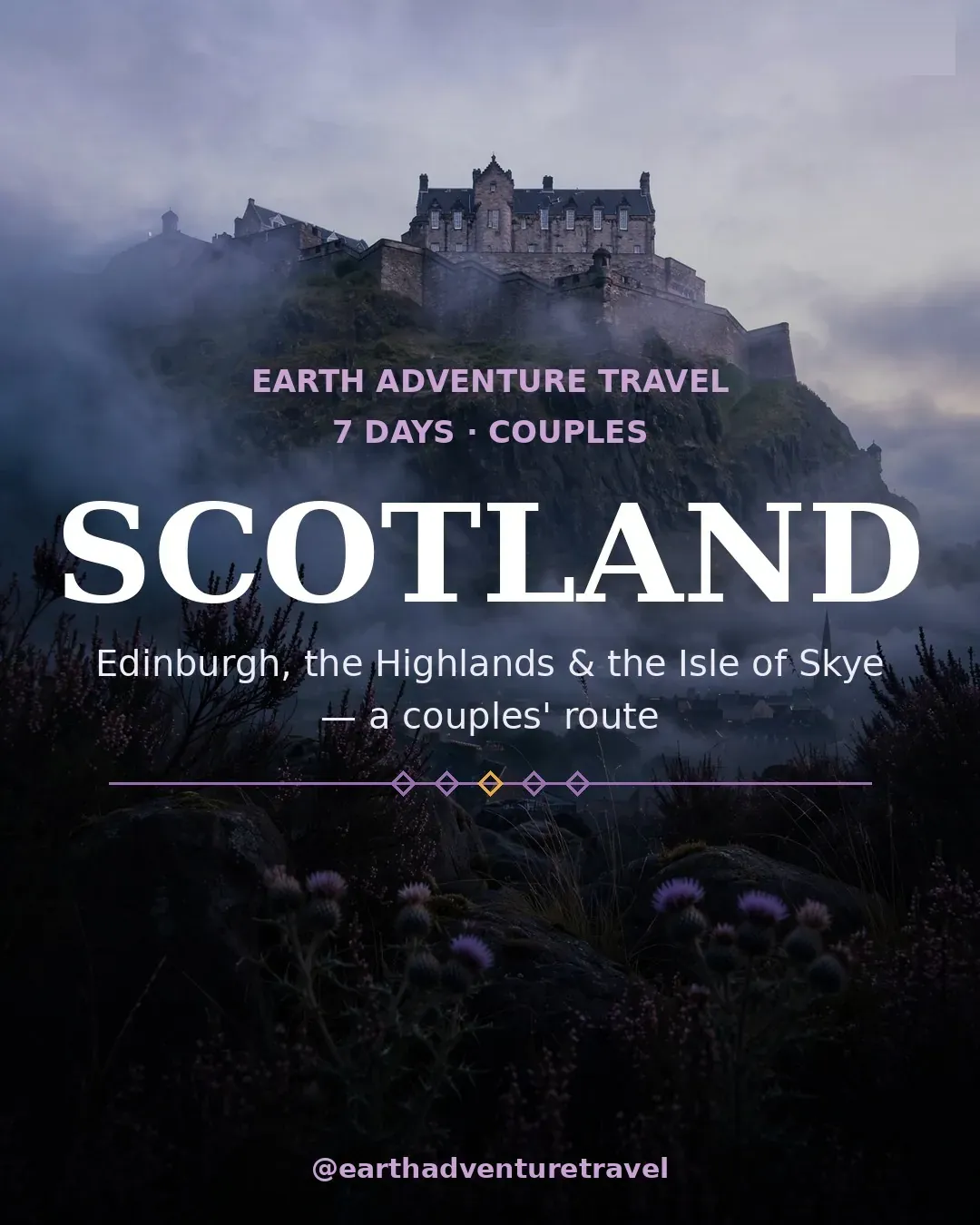 Scotland couples itinerary artwork: Edinburgh Castle in the mist above the city, thistles in the foreground