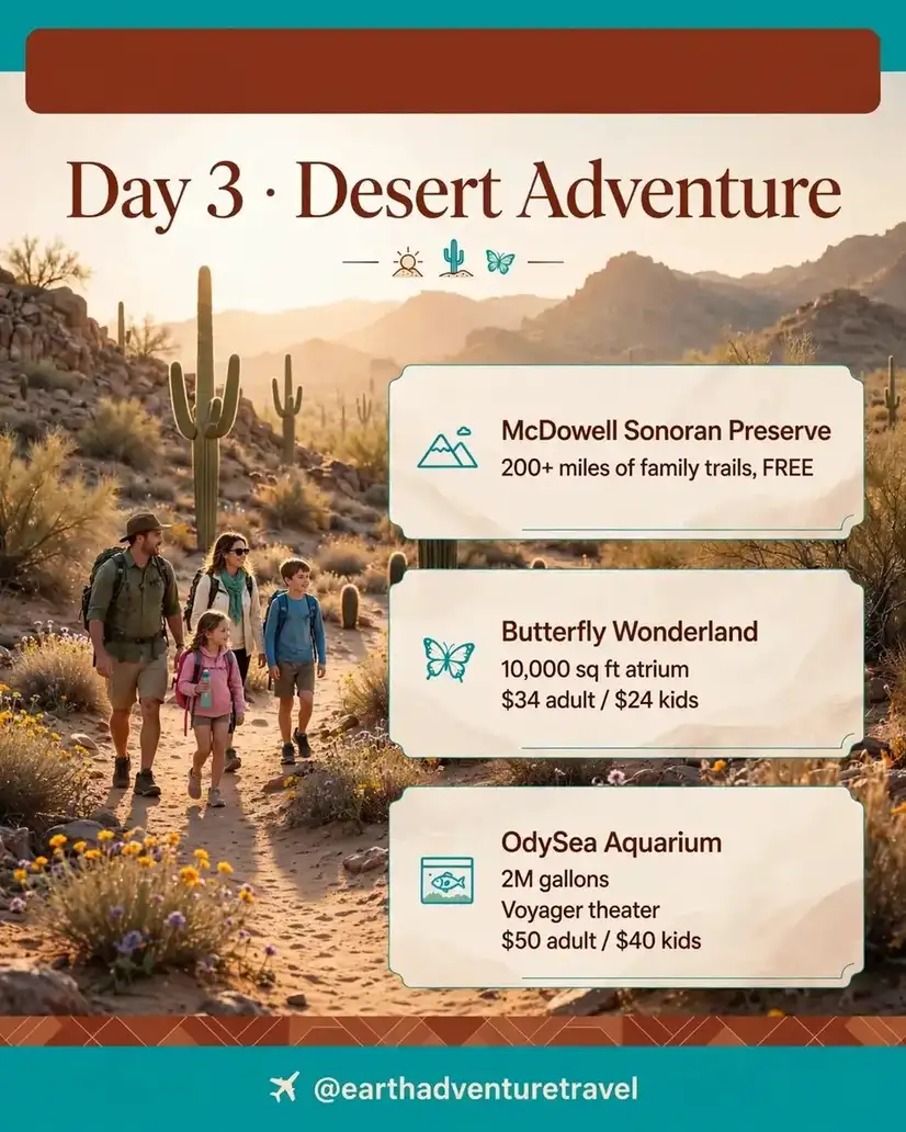 Illustrated Day 3 desert adventure — McDowell Preserve, Butterfly Wonderland, OdySea Aquarium