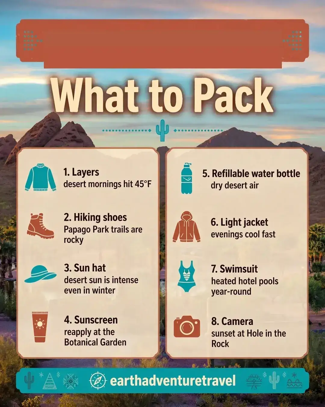 Packing graphic for the Scottsdale desert winter family trip