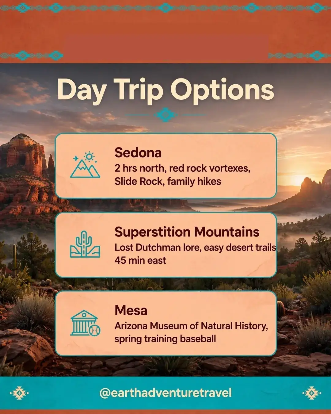 Day trips graphic — Sedona, Superstition Mountains, Mesa