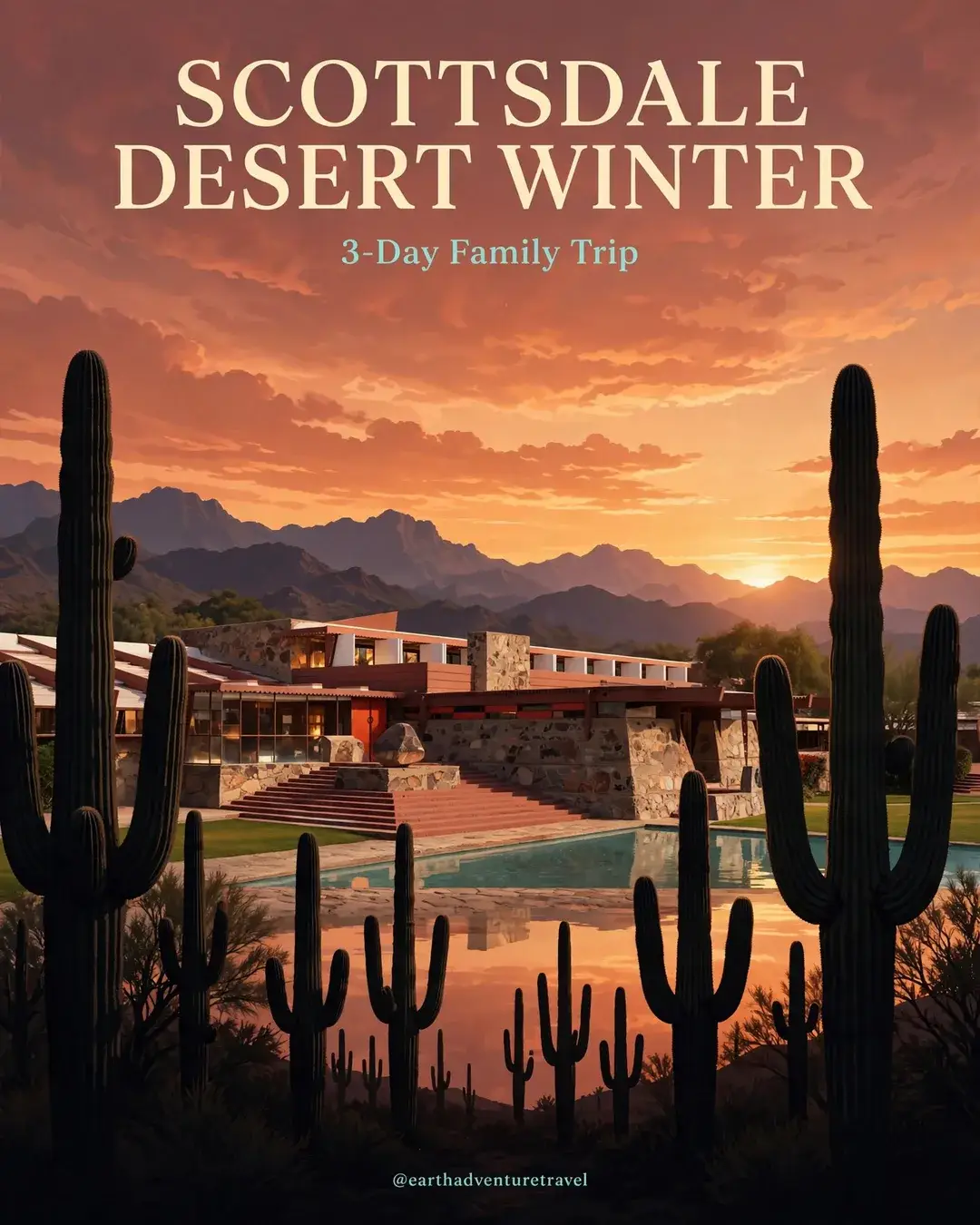 Illustrated saguaro sunset over Taliesin West for the Scottsdale desert winter family trip