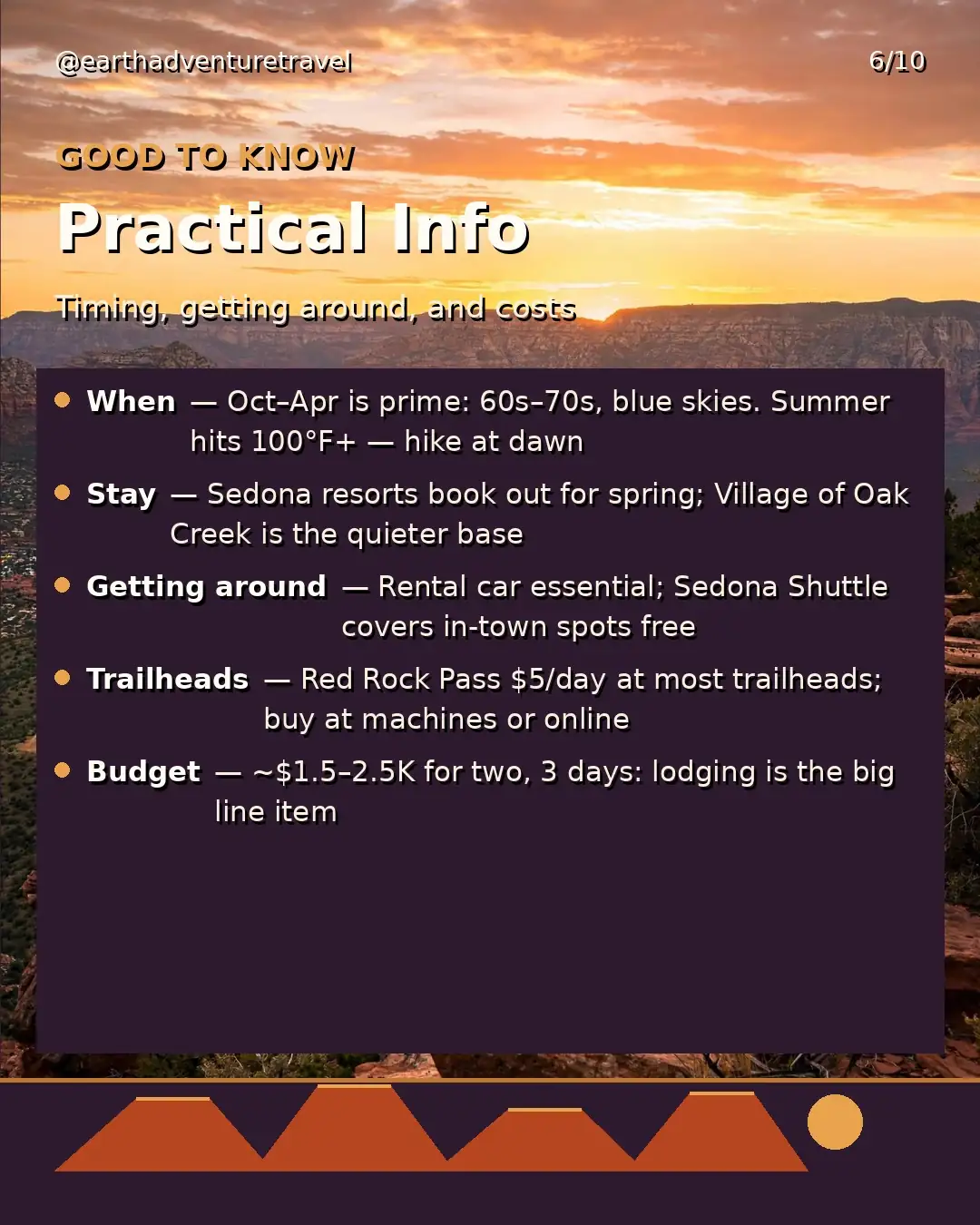 Practical information graphic for the Sedona couples trip