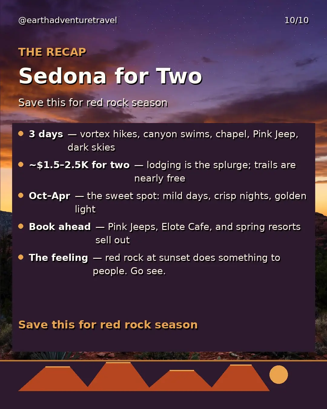 Saveable recap graphic for the three-day Sedona couples route
