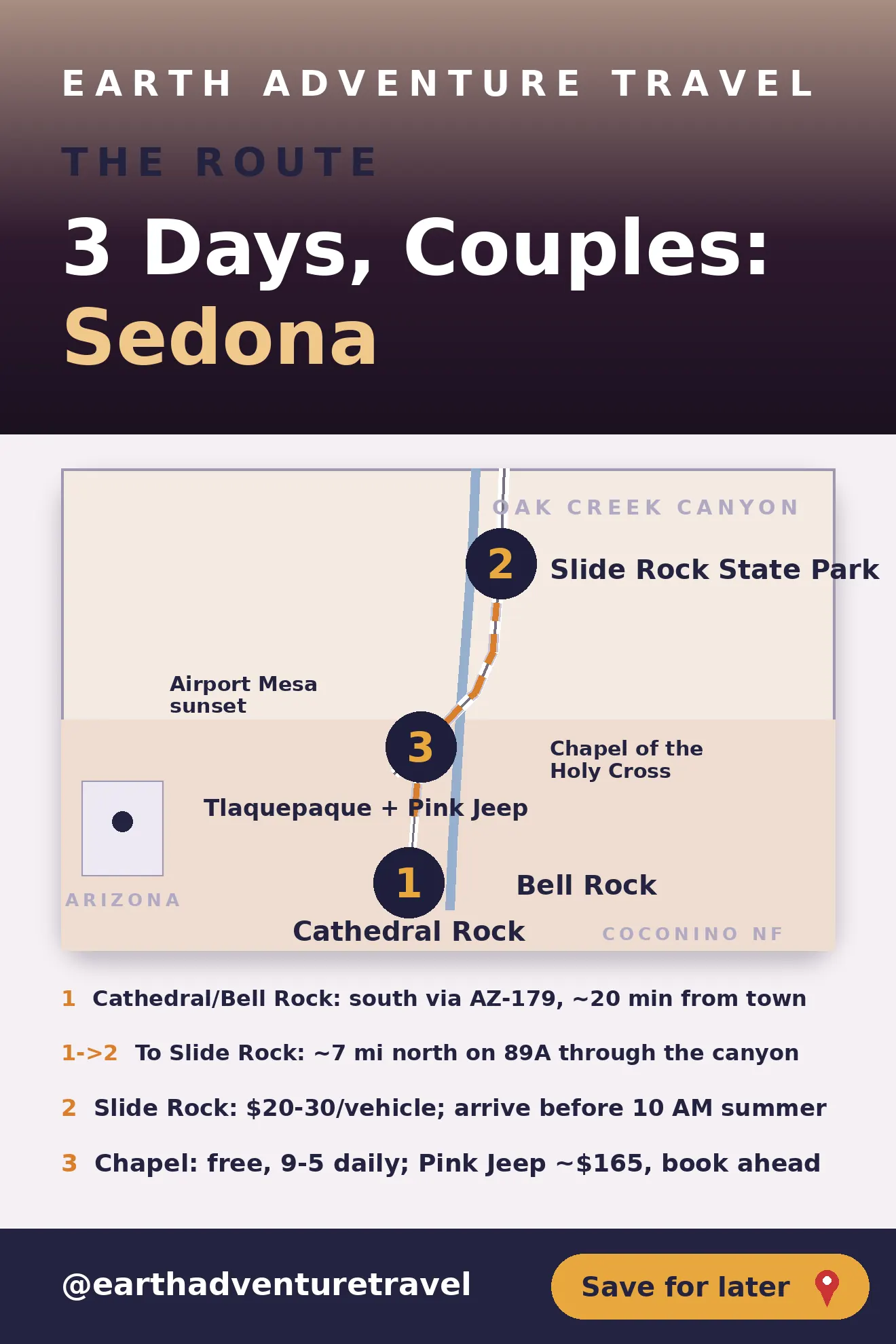 Route map: Sedona area with Cathedral Rock, Slide Rock, and Chapel of the Holy Cross day stops marked