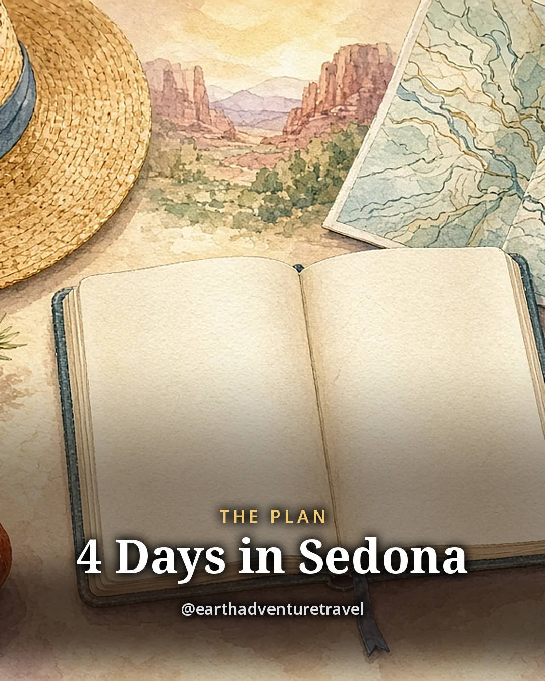 Illustration: a straw sun hat, a water bottle, a juniper sprig, a smooth red stone, binoculars, an open notebook and a map of the valley on a sunny table, original illustrated plan card