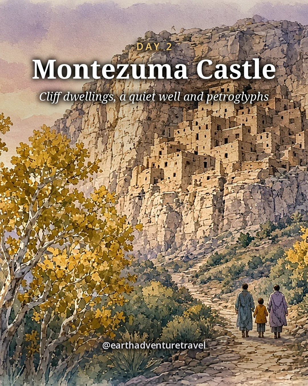 Illustration: an ancient cliff dwelling set high in a pale limestone cliff above sycamores and a paved path, illustrated day card for Day 2