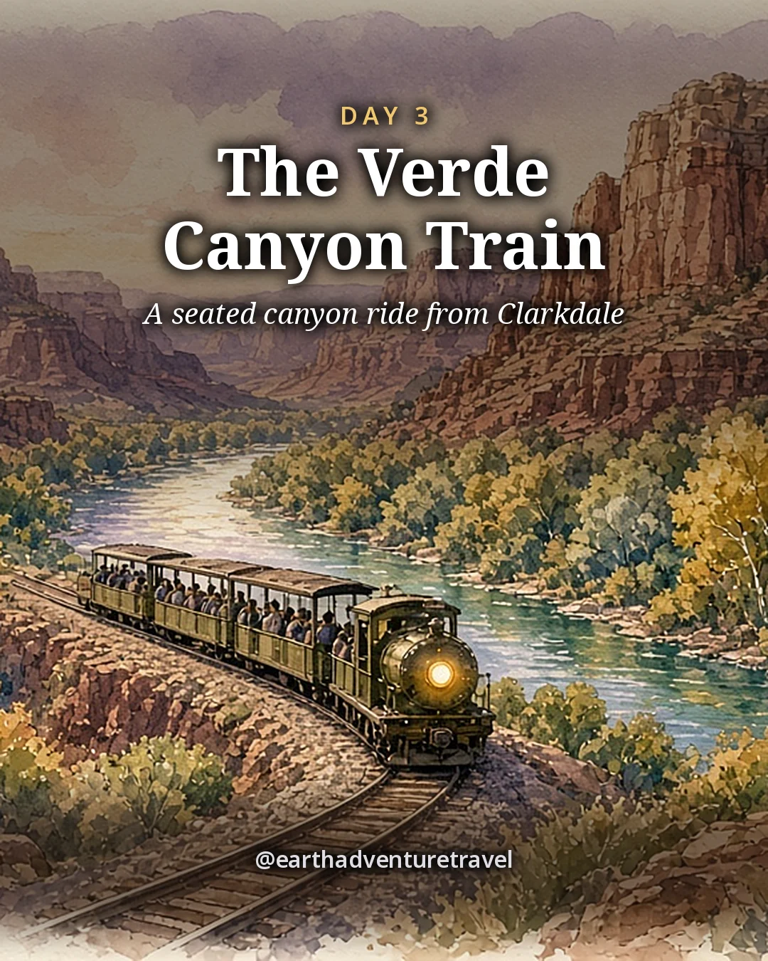 Illustration: a vintage train curving along a green river beneath red canyon walls, with a small family watching from the bank, illustrated day card for Day 3