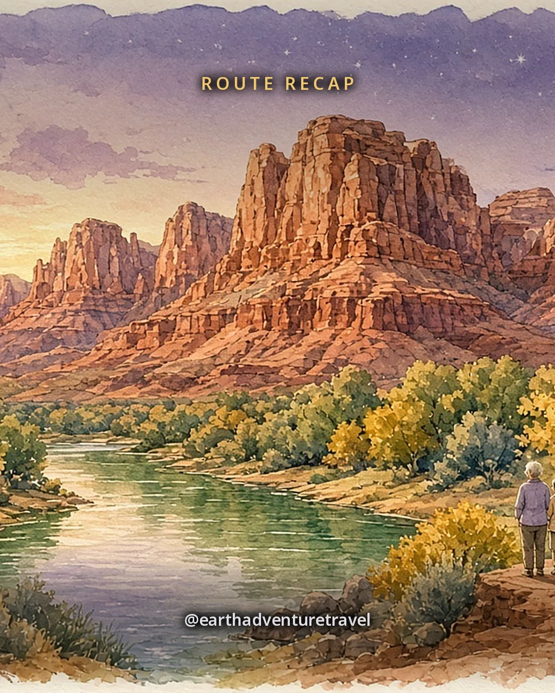 Illustration: red-rock buttes glowing at dusk above a calm green river and golden cottonwoods, with a small faceless family watching, original illustrated recap card