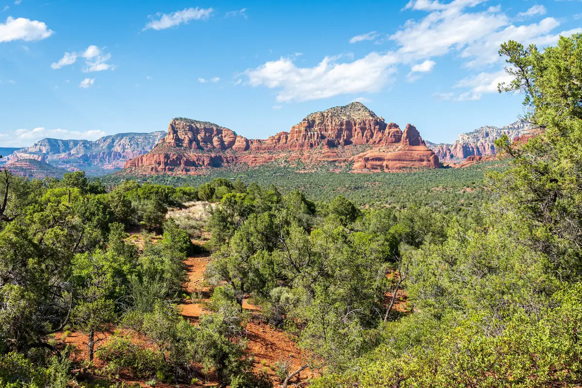 Red sandstone buttes rising above green juniper and oak woodland at Red Rock State Park near Sedona