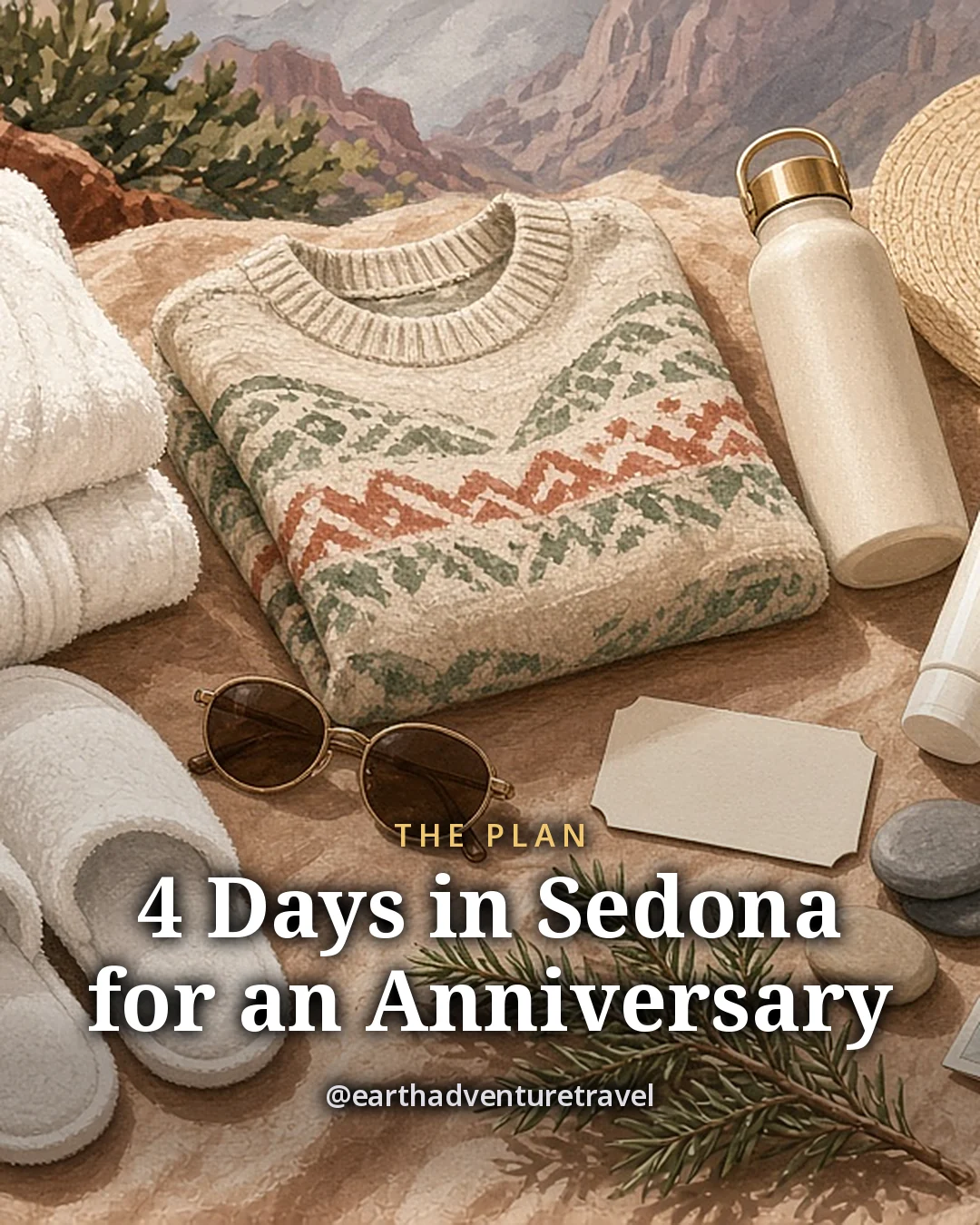 Illustration: two white spa robes folded with slippers, a light sweater, sunglasses, a wide-brim sun hat, a water bottle, sunscreen and two small gift boxes tied with ribbon on a sandstone-coloured linen, original illustrated plan card for 4 days in Sedona