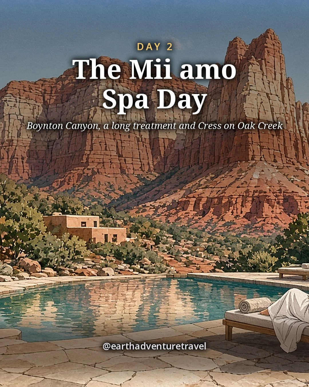 Illustration: an outdoor spa pool with a smooth stone deck at the mouth of Boynton Canyon, towering red and cream sandstone cliffs behind, low adobe-style buildings and junipers, one small figure in a robe, illustrated day card for Day 2