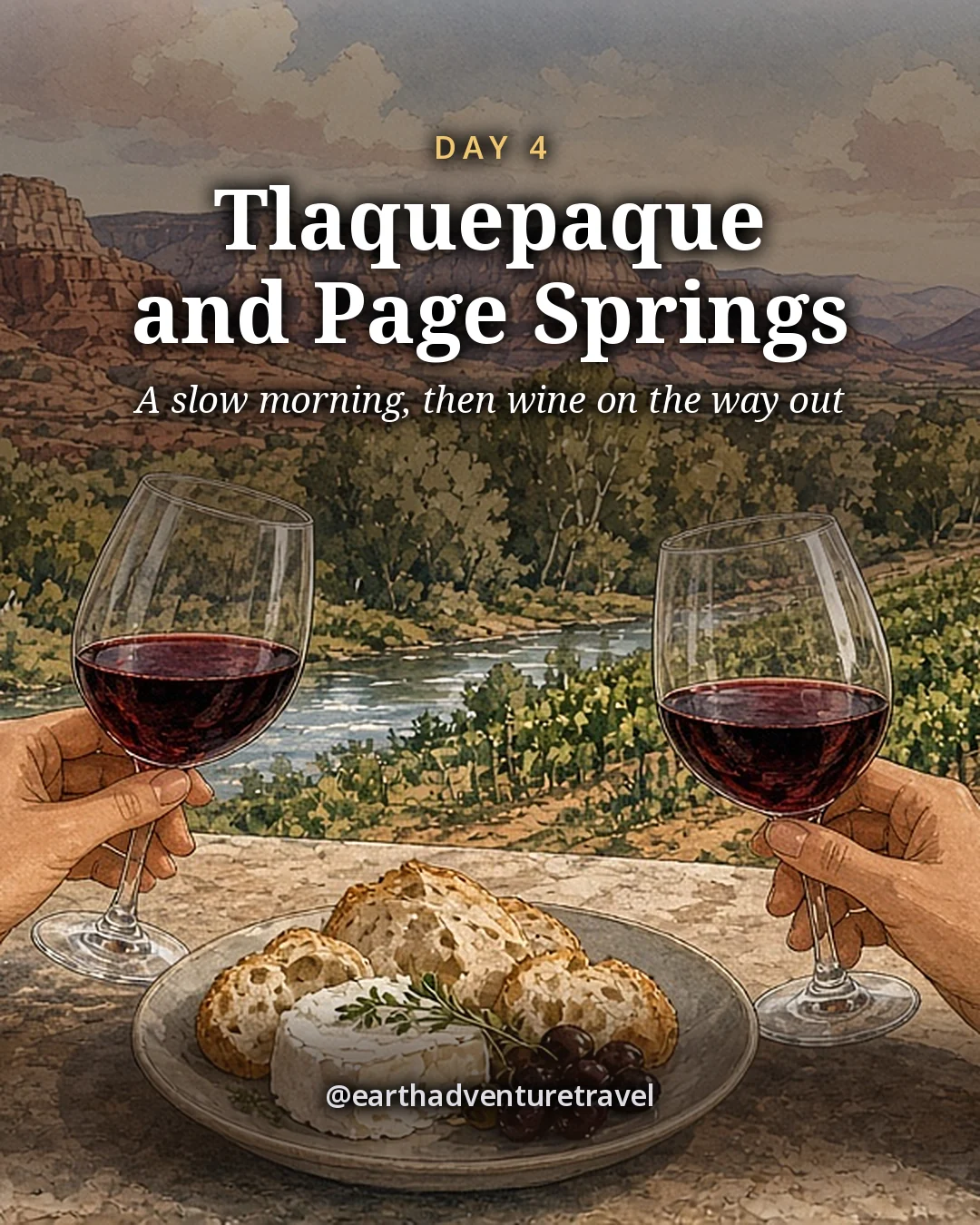Illustration: two glasses of red wine and a plate of bread and cheese on a rustic outdoor table at a creekside winery, vineyard rows sloping down to sycamores along Oak Creek and low red mesas beyond, illustrated day card for Day 4