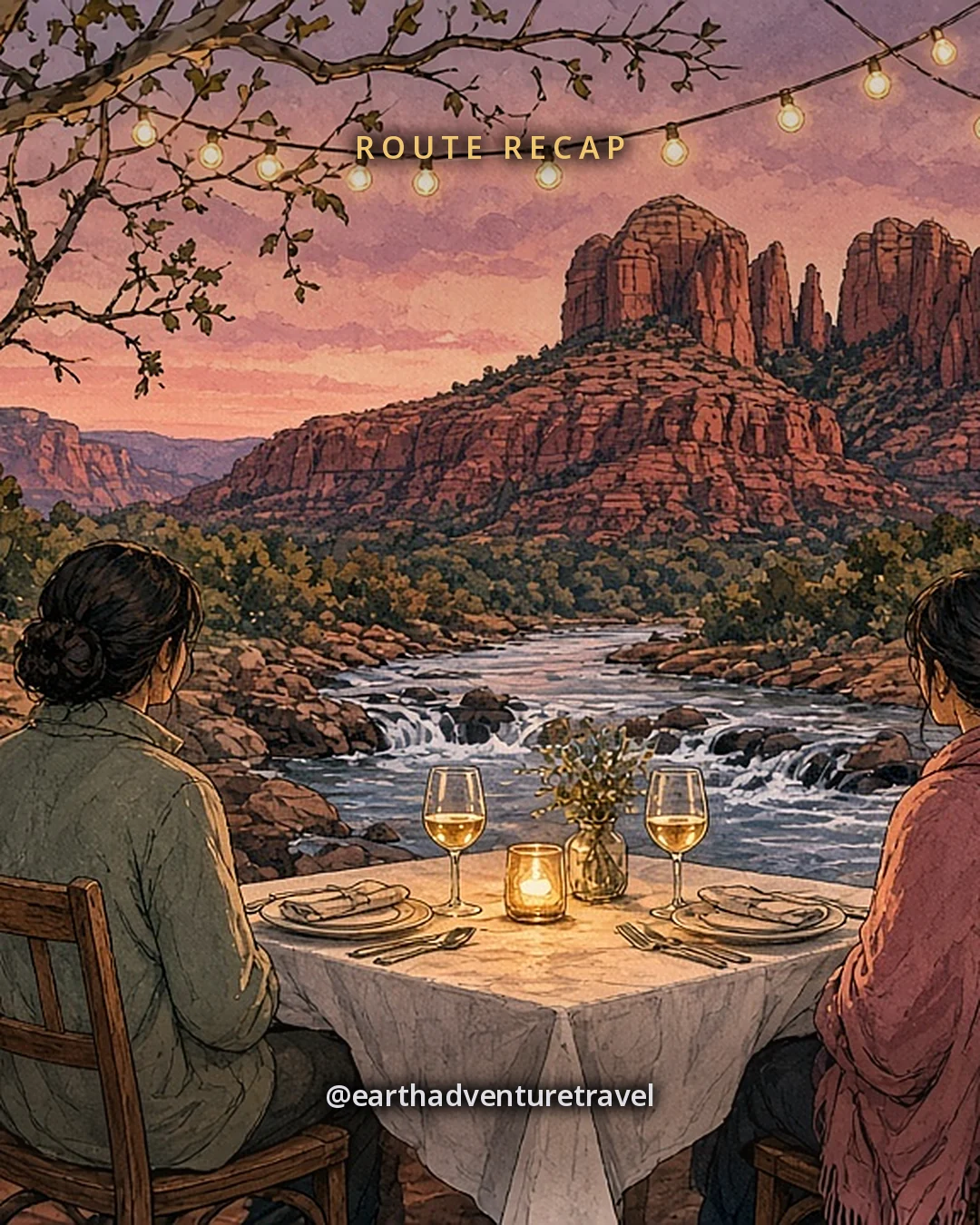 Illustration: a candlelit dinner table for two beside Oak Creek at dusk under tall sycamores, the creek over rocks and Cathedral Rock red against a rose and violet sky, white linen, wine glasses and string lights, the couple seen from behind, original illustrated recap card