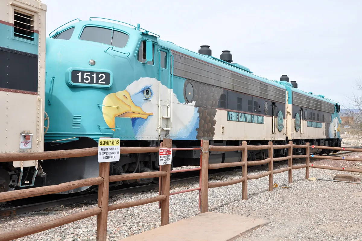 Verde Canyon Railroad engines waiting at the station in Clarkdale