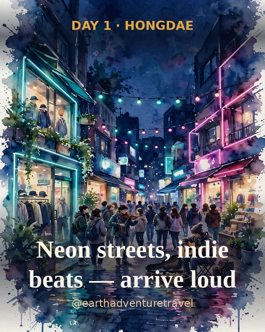 Day 1 itinerary card: arrive in Seoul, Hongdae evening