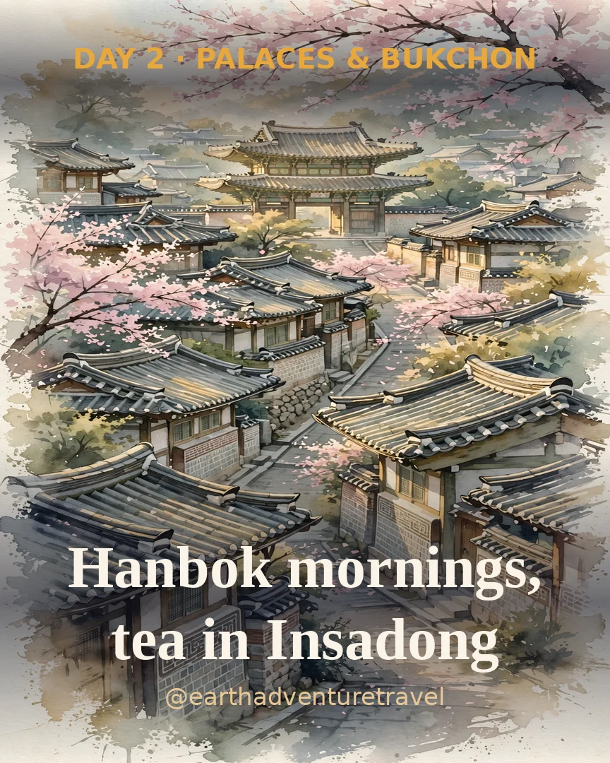 Day 2 itinerary card: Gyeongbokgung Palace and Bukchon Hanok Village