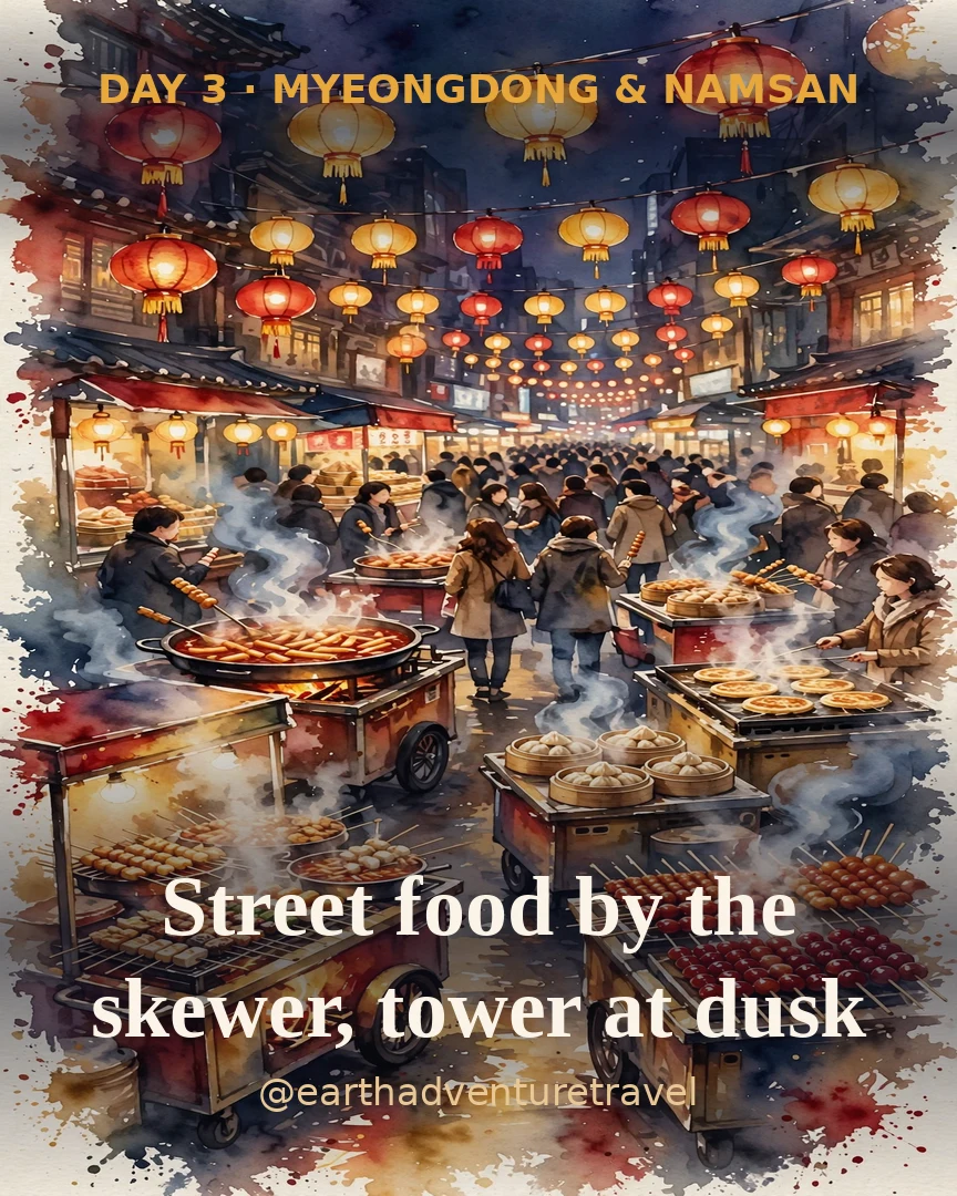 Day 3 itinerary card: Myeongdong street food at night