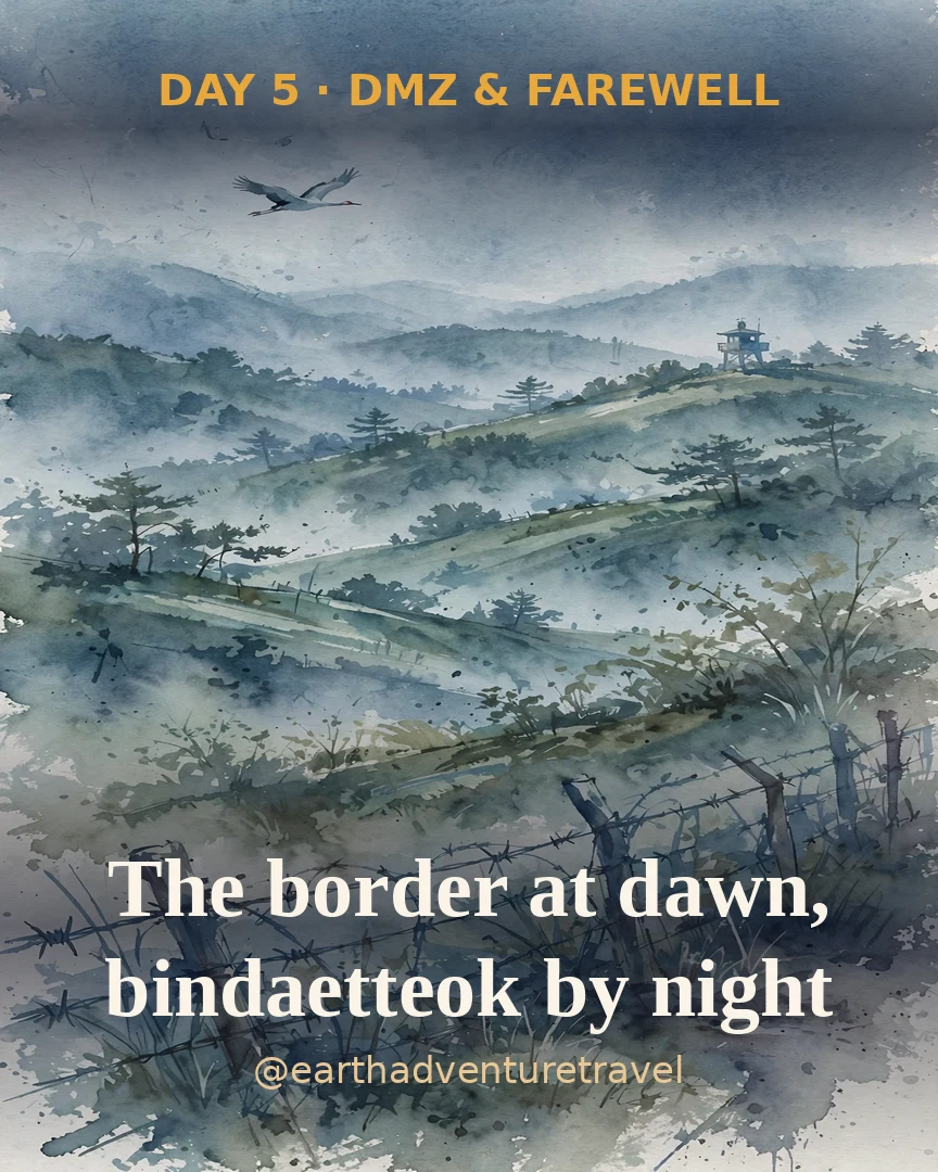 Day 5 itinerary card: DMZ hills and Gwangjang Market