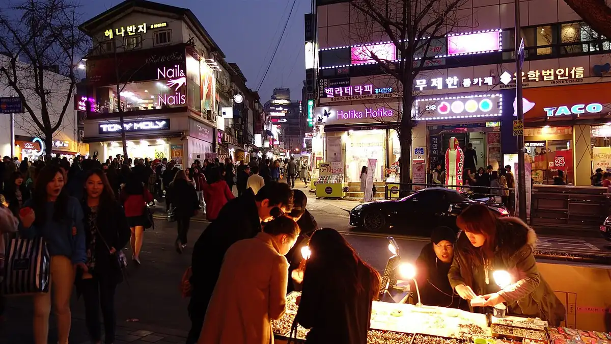 Hongdae's party district glowing at night, Seoul