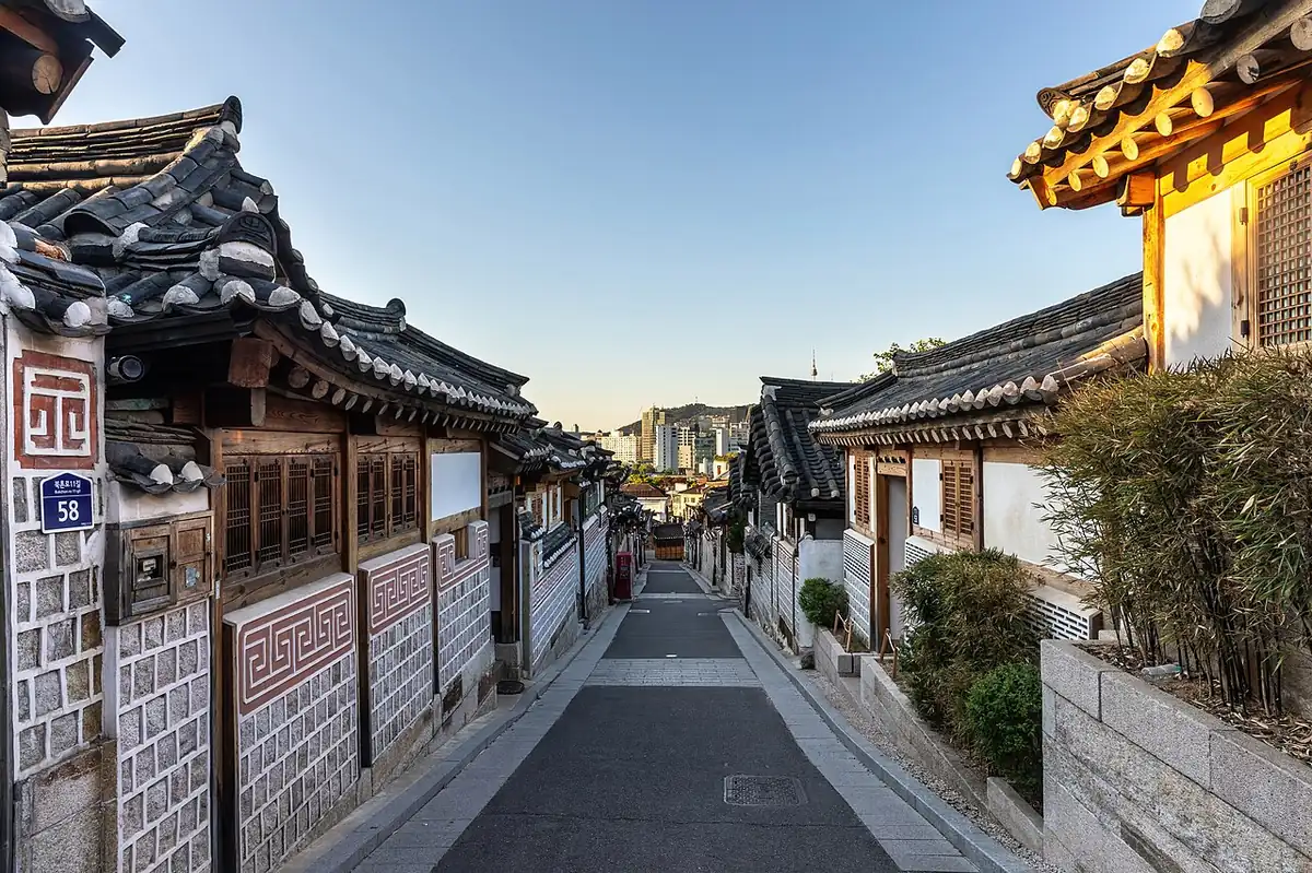 Steep hanok lane in Bukchon at sunrise, Seoul
