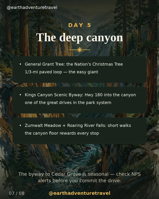 Day 5 graphic: General Grant and the Kings Canyon Scenic Byway