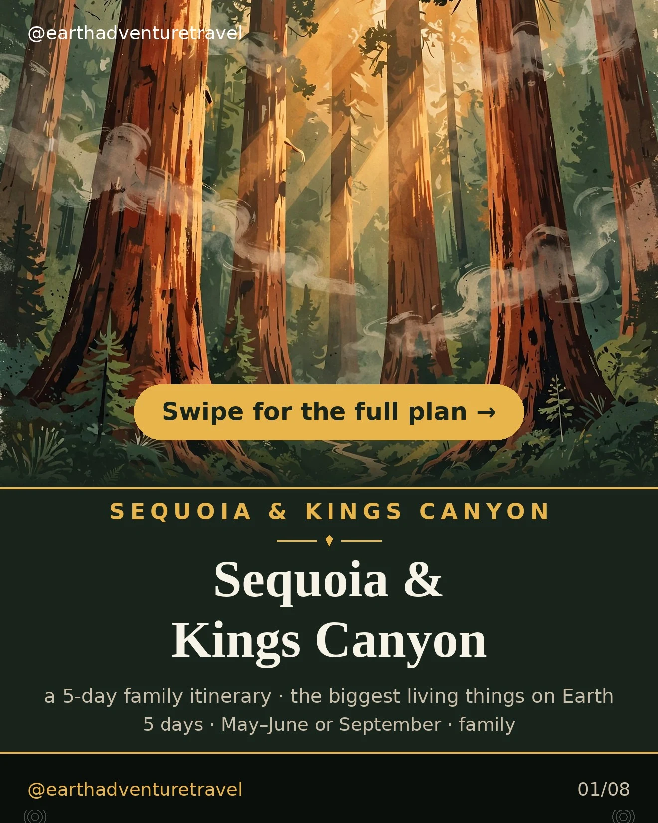 Painterly cover art: towering giant sequoia trunks in golden forest light, a tiny family on the trail below