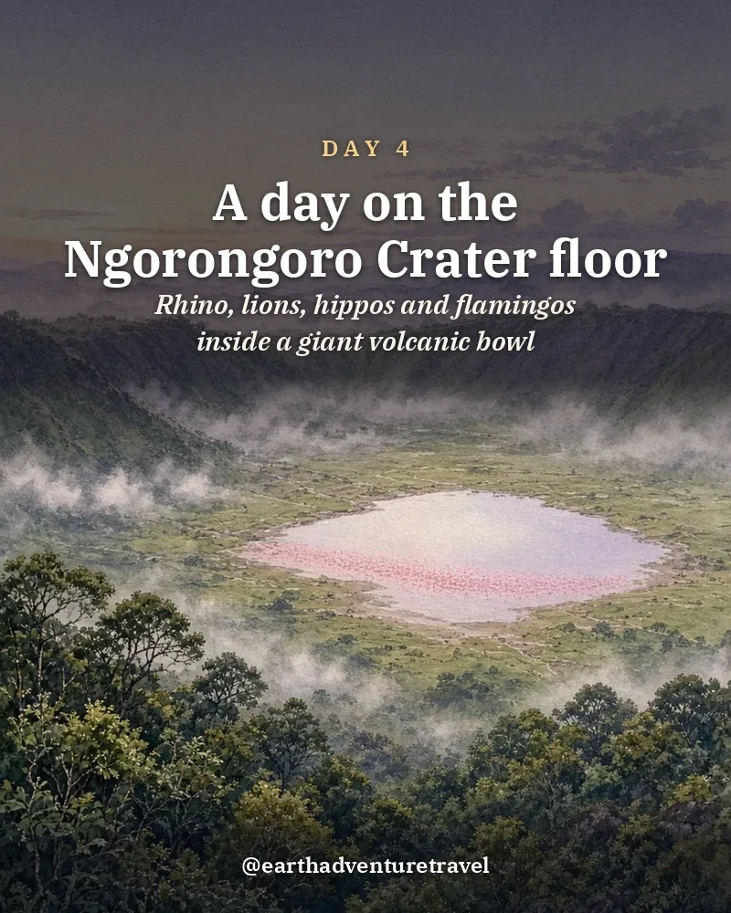 Illustrated day card: Rhino, lions, hippos and flamingos inside a giant volcanic bowl