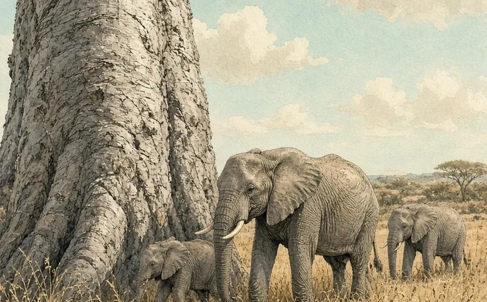 Illustrated elephants beneath a baobab tree in Tarangire National Park