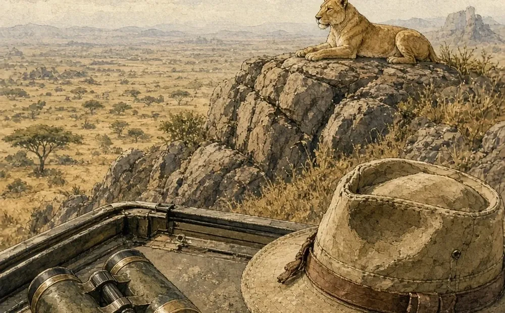 Illustrated route across the Serengeti plains toward the granite Moru Kopjes