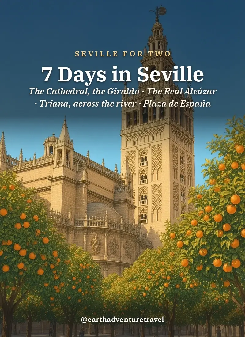 Original Illustration: the Giralda tower of Seville Cathedral above a courtyard of orange trees