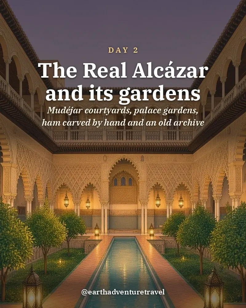Illustrated day card: Mudéjar courtyards, palace gardens, ham carved by hand and an old archive
