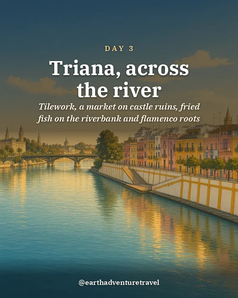 Illustrated day card: Tilework, a market on castle ruins, fried fish on the riverbank and flamenco roots