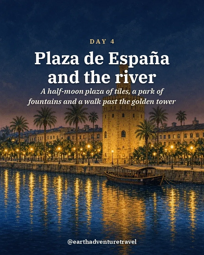 Illustrated day card: A half-moon plaza of tiles, a park of fountains and a walk past the golden tower