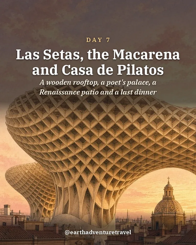 Illustrated day card: A wooden rooftop, a poet's palace, a Renaissance patio and a last dinner