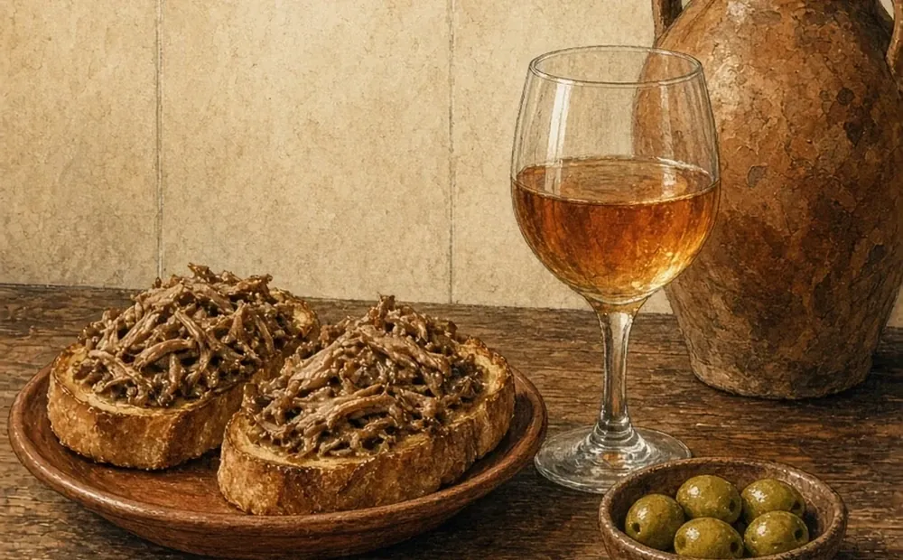 Illustrated still life of montaditos and a glass of orange wine on an old Seville tavern bar