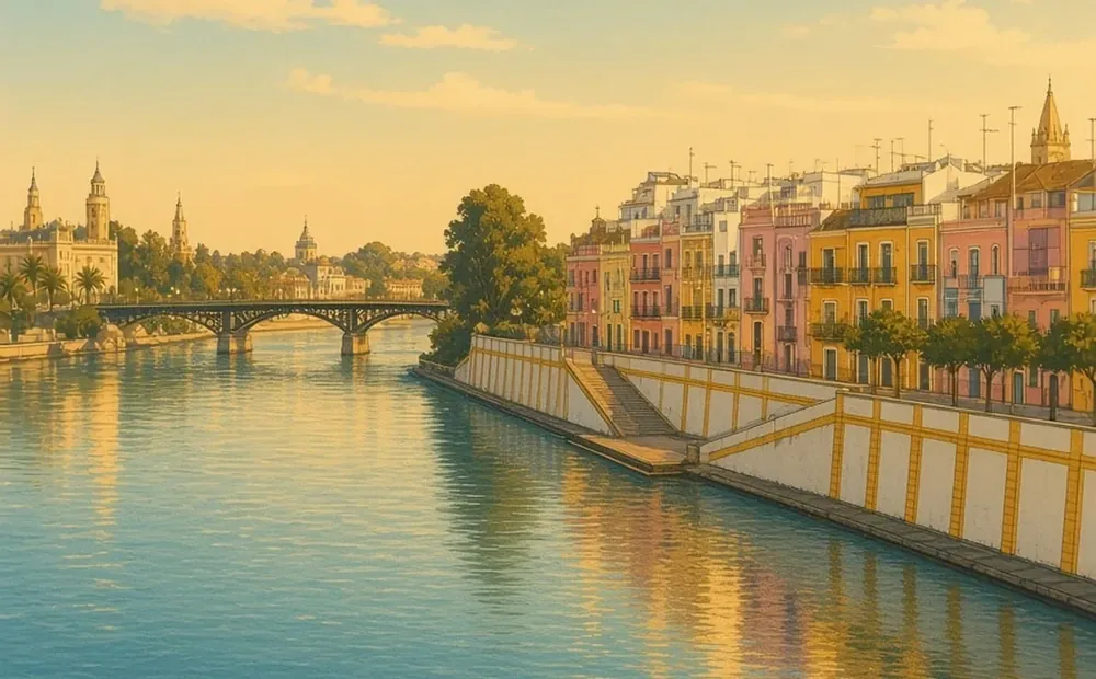 Illustrated view of Triana and the Guadalquivir with the iron bridge at golden hour