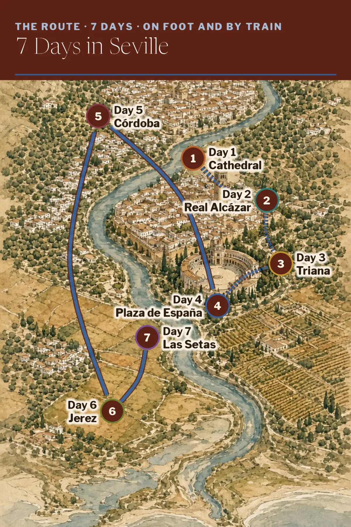 Illustrated route map: Seville Cathedral, Real Alcázar, Triana, Plaza de España, Córdoba, Jerez, Las Setas