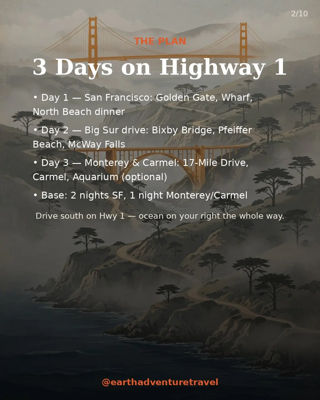 Illustrated three-day San Francisco and Big Sur route plan