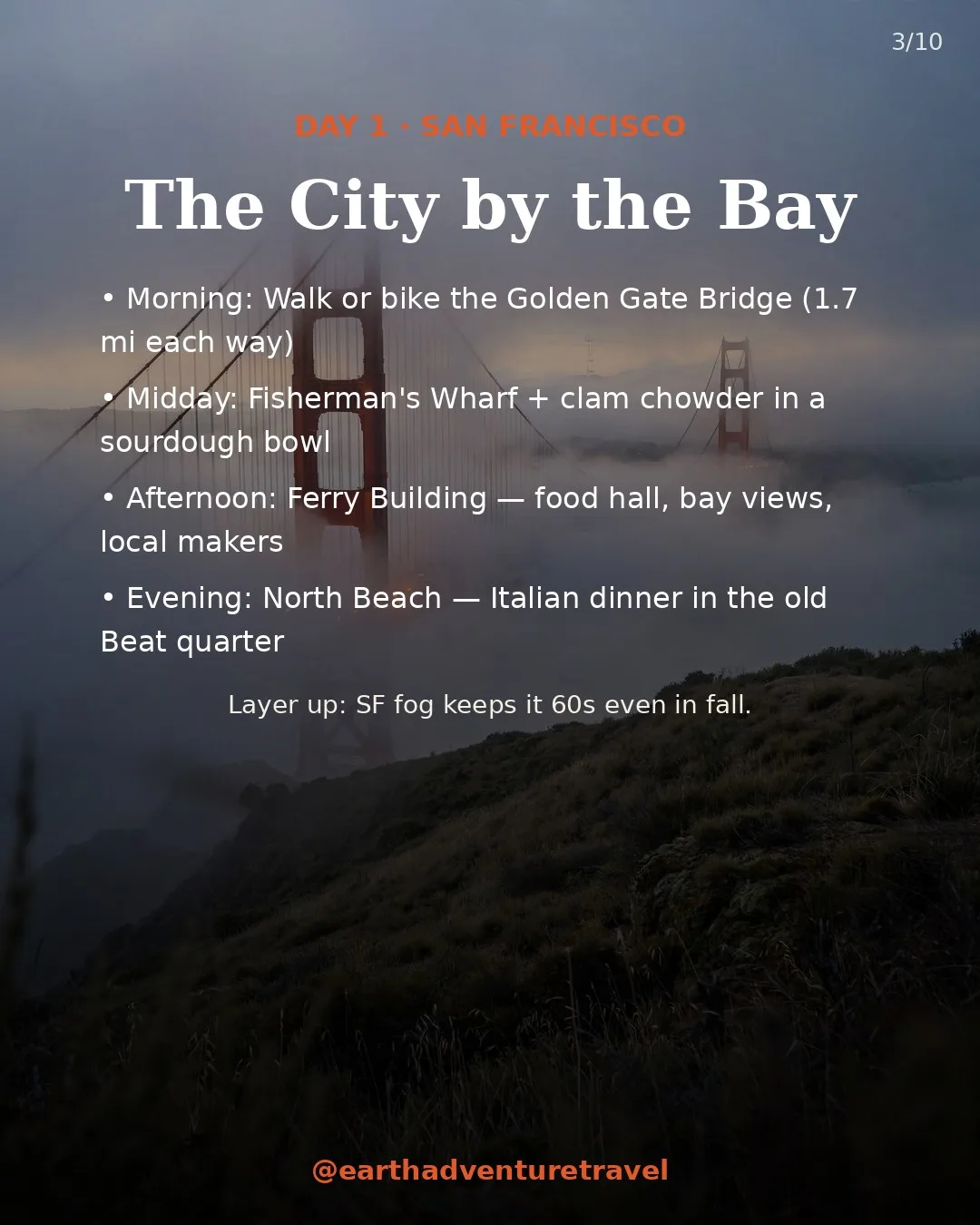 Day 1 itinerary graphic: San Francisco — the Golden Gate in fog
