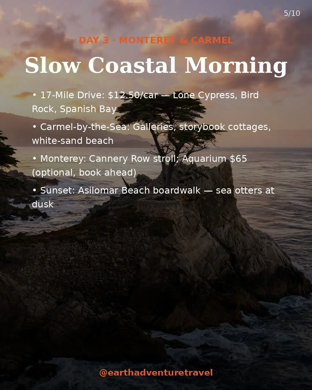 Day 3 itinerary graphic: Monterey and Carmel — the Lone Cypress at sunset