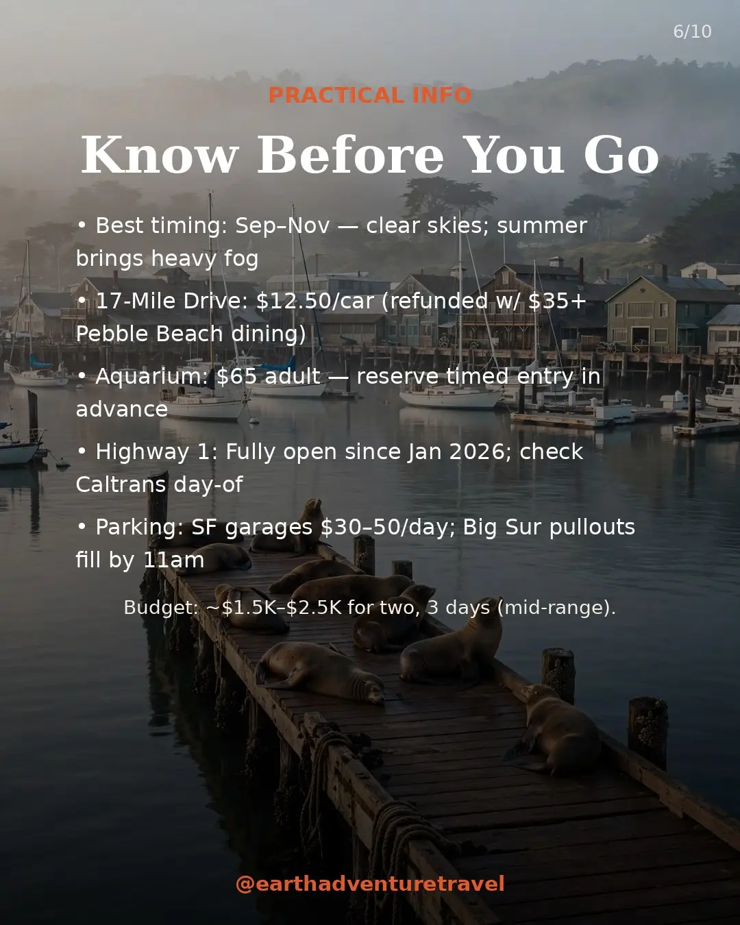 Practical information graphic for the San Francisco and Big Sur couples trip