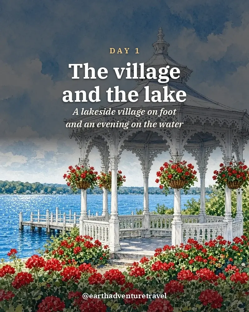 Illustrated day card: A lakeside village on foot and an evening on the water