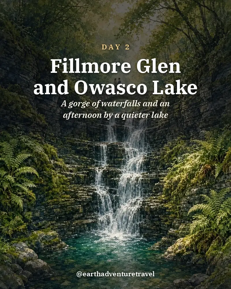 Illustrated day card: A gorge of waterfalls and an afternoon by a quieter lake