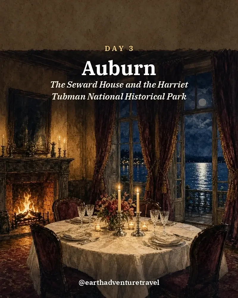 Illustrated day card: The Seward House and the Harriet Tubman National Historical Park