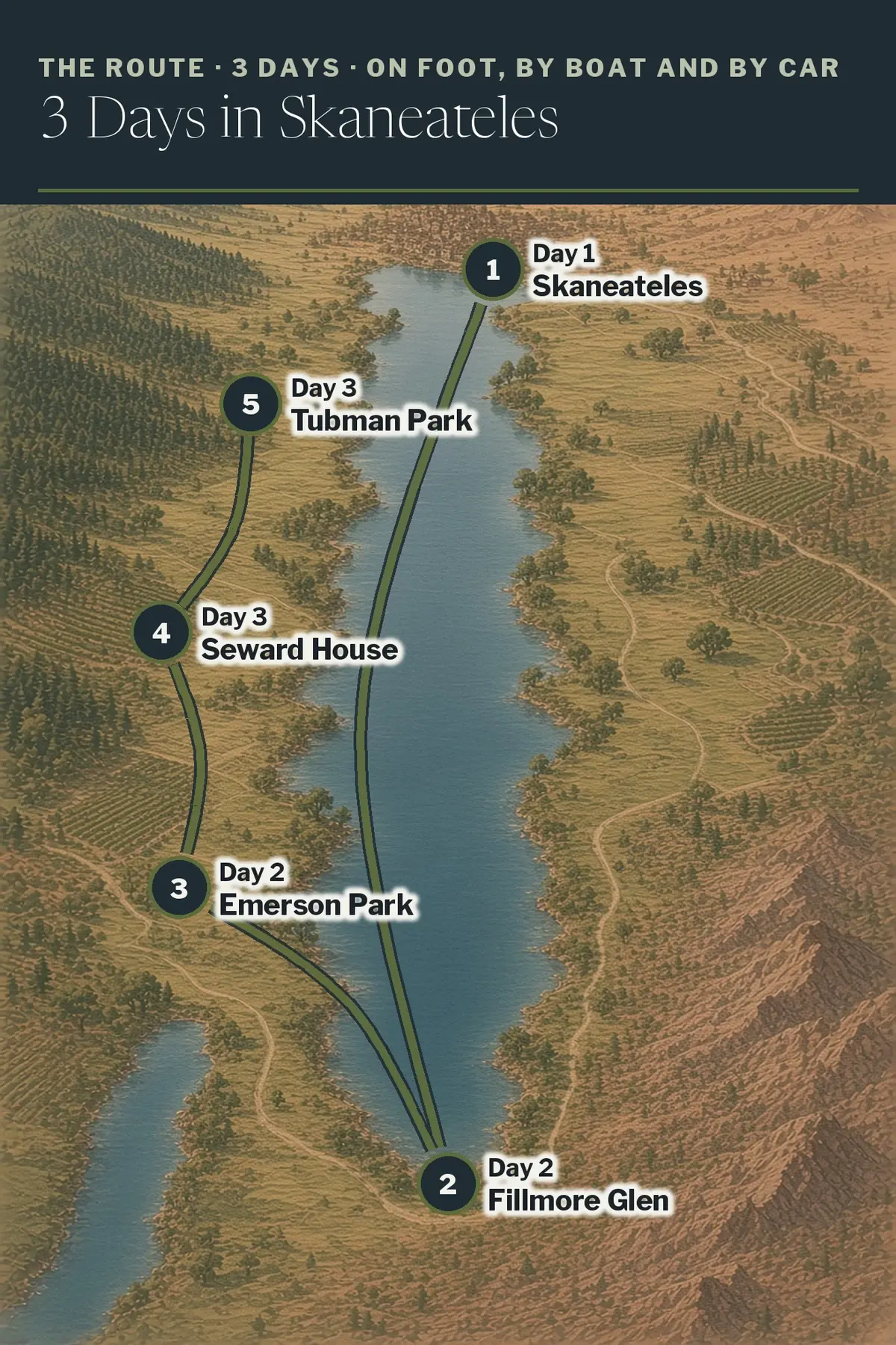 Illustrated route map: Skaneateles Village, Fillmore Glen State Park, Emerson Park, Seward House Museum, Harriet Tubman National Historical Park