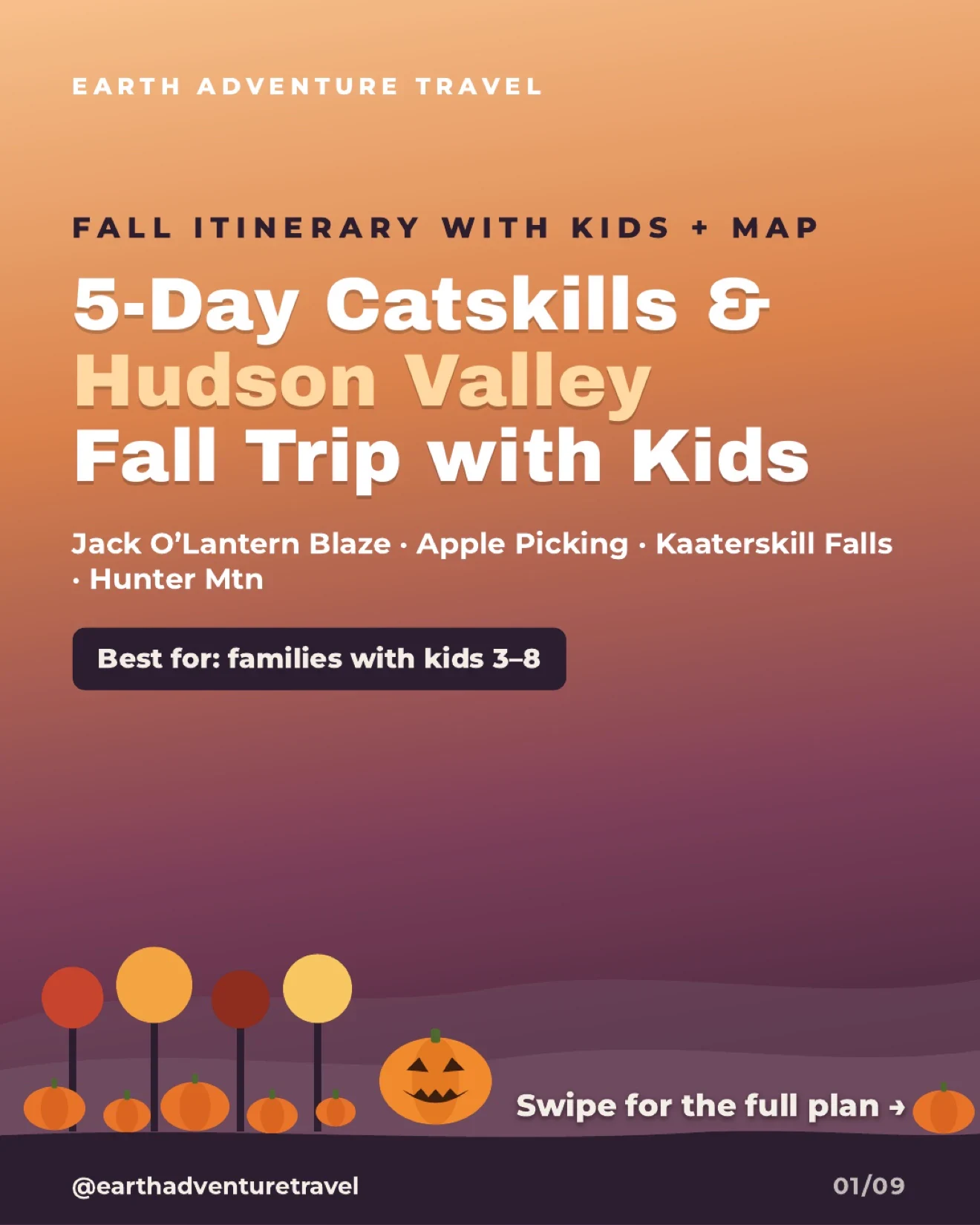 Illustrated cover for a five-day Catskills and Hudson Valley fall trip with kids