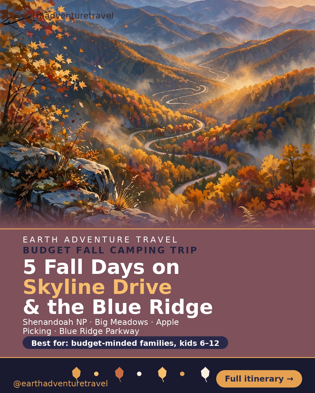 Illustrated cover for a five-day Skyline Drive and Blue Ridge fall camping trip