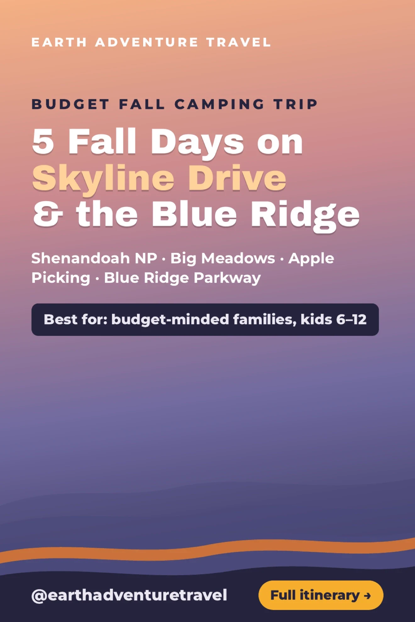 Illustrated cover for a five-day Skyline Drive and Blue Ridge family camping itinerary