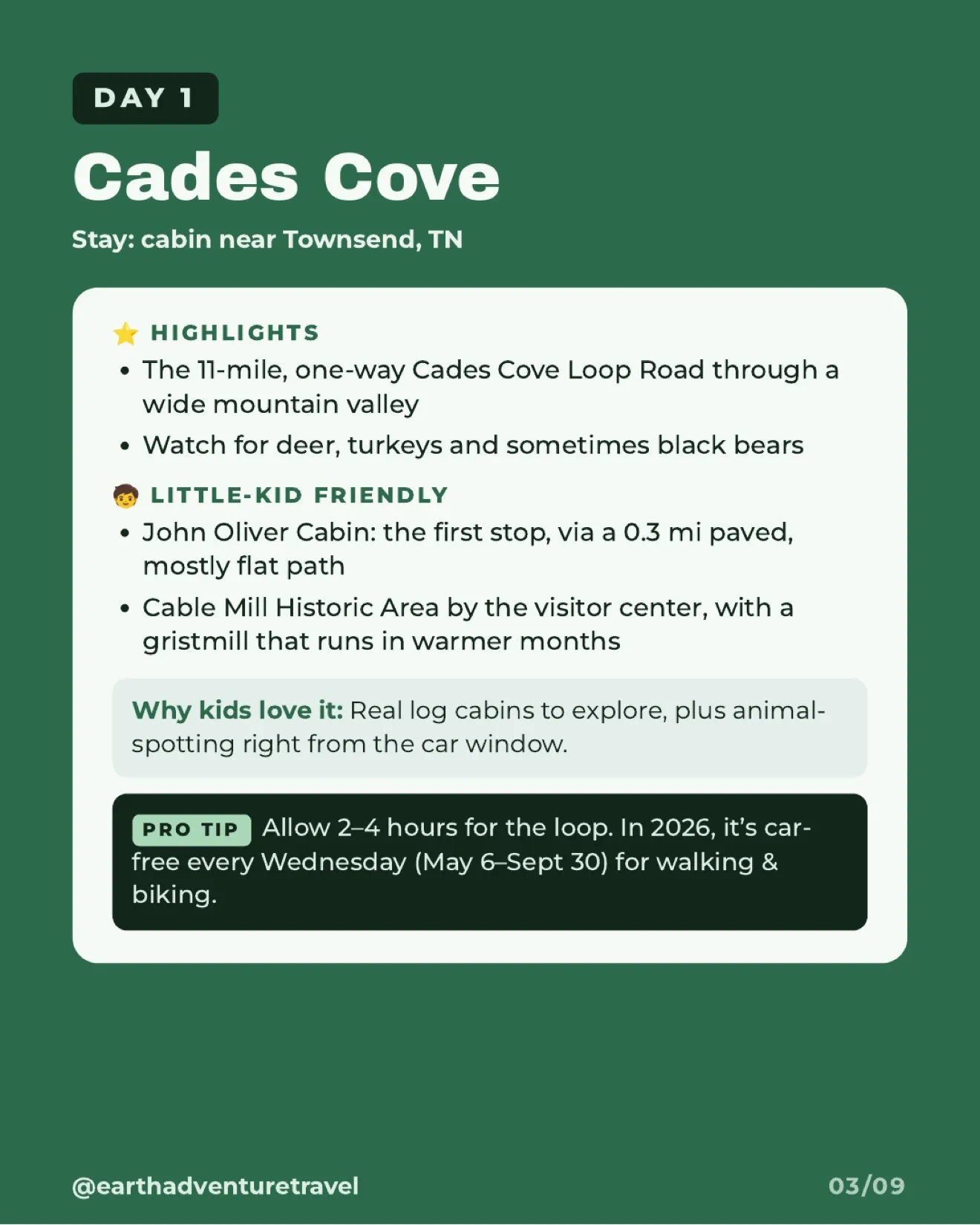 Cades Cove valley and wildlife itinerary artwork
